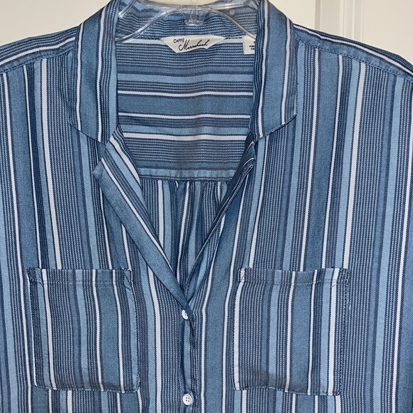 Cafe Marrakesh Blue multi striped short sleeve button down shirt Women’s Small - Picture 2 of 10